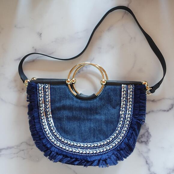 Vince Camuto Elia Fringe Denim Satchel Blue Ink Boho Leather Gold Bracelet Bag - Picture 4 of 13